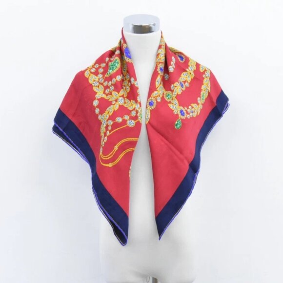 Cartier Jewelry Pattern 100% Silk Scarf Red Navy - Picture 14 of 15